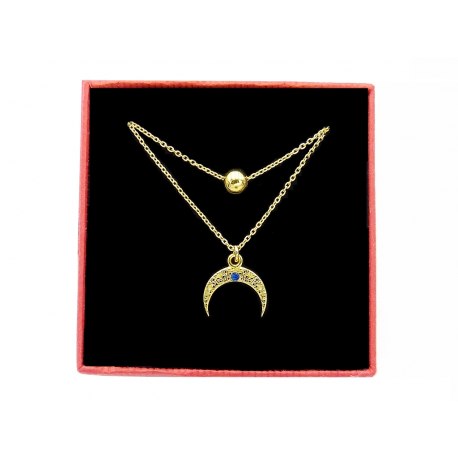 Pozłacany podwójny naszyjnik księżyc szafir + pudełko