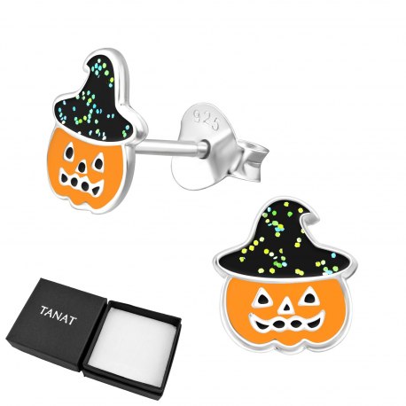 Srebrne emaliowane kolczyki Halloween dynia