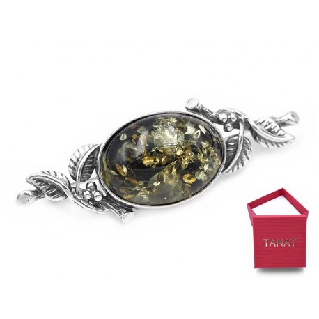 Srebrna broszka zielony bursztyn 29 + pudełko