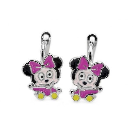 Srebrne kolczyki Myszka Mini różowa emalia