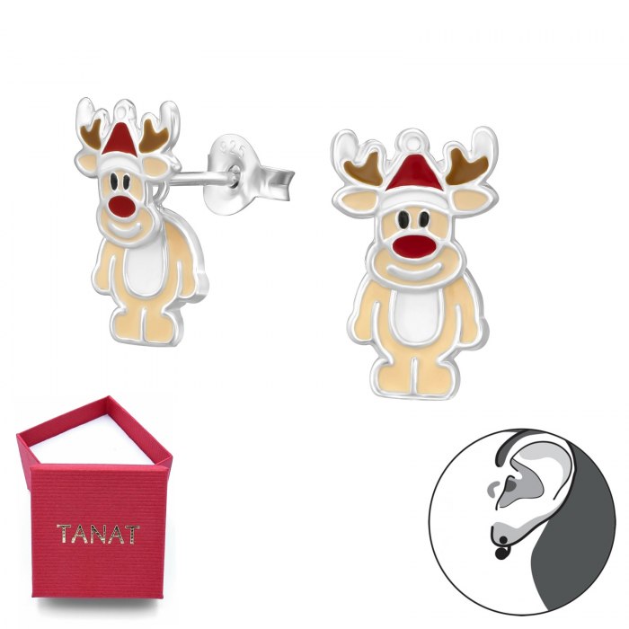 Srebrne emaliowane kolczyki reniferki Rudolf
