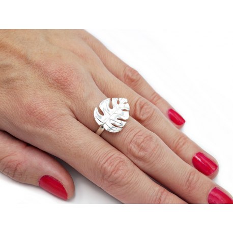 Srebrny pierścionek duży liść monstera + pudełko