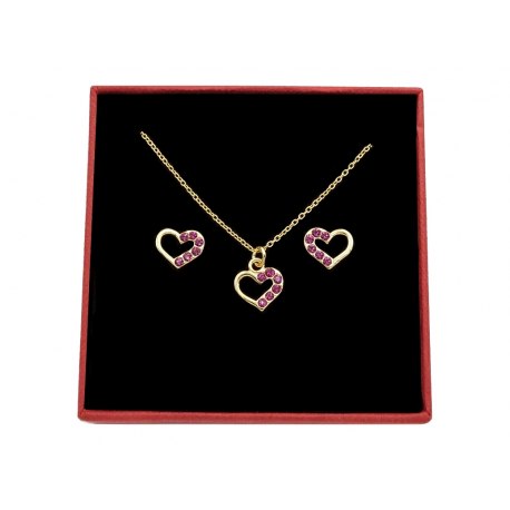 Pozłacany komplet serca cyrkonie fuksja