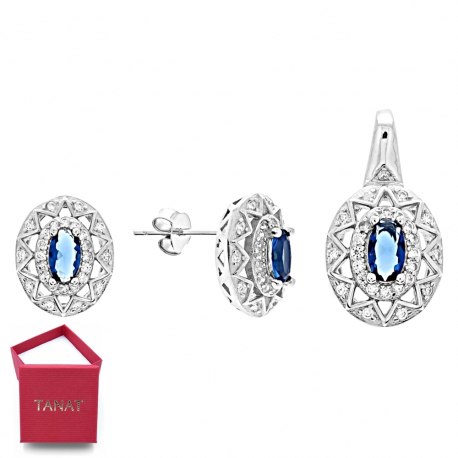 Srebrny komplet owalne szafirowe cyrkonie