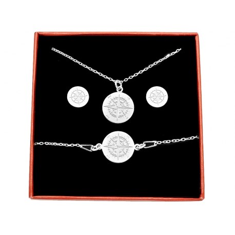 Duży srebrny komplet róża wiatrów kompas