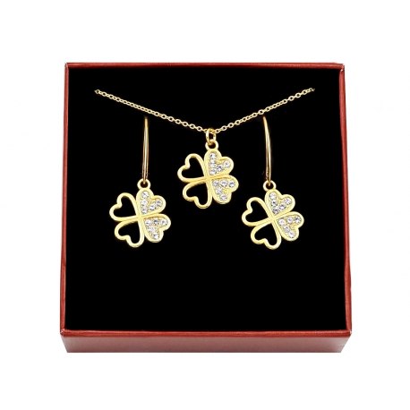 Pozłacany komplet czterolistna koniczynka z cyrkoniami