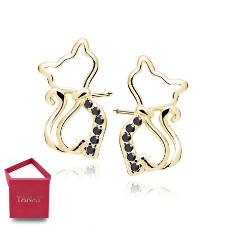 Pozłacane srebro 925 kolczyki kotki czarne + pudełko