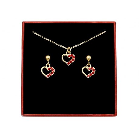 Pozłacany komplet serca cyrkonie czerwone