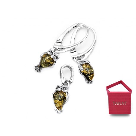 Srebrny 925 komplet sowy sówki bursztyn