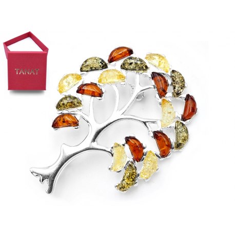 Srebrna 925 broszka mix drzewo bursztyn 42 + pudełko