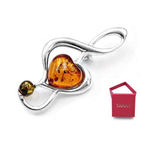 Srebrna broszka klucz wiolinowy bursztyn 43