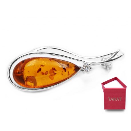 Srebrna broszka cyrkonia bursztyn 44