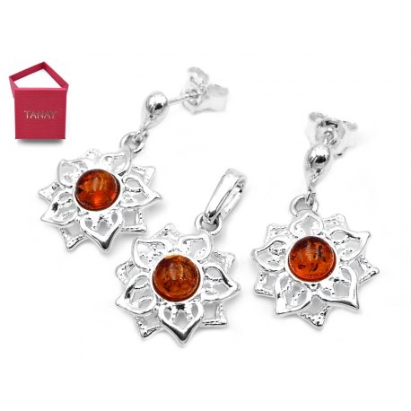 Srebrny 925 komplet kwiaty bursztyn