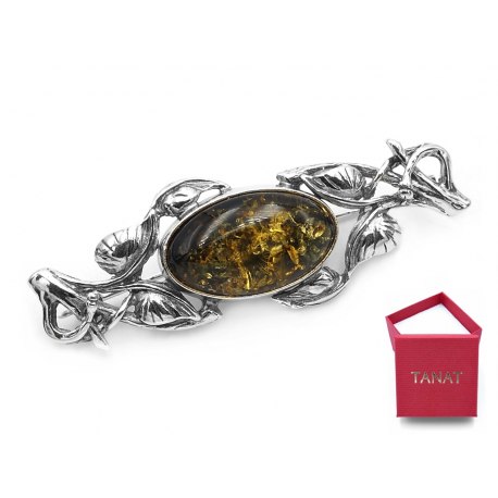 Srebrna broszka liście zielony bursztyn 51