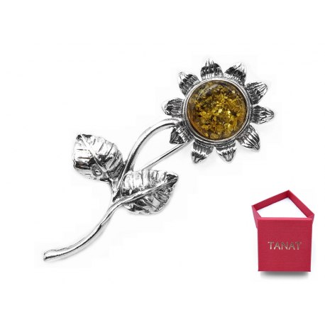 Srebrna broszka słonecznik bursztyn 54