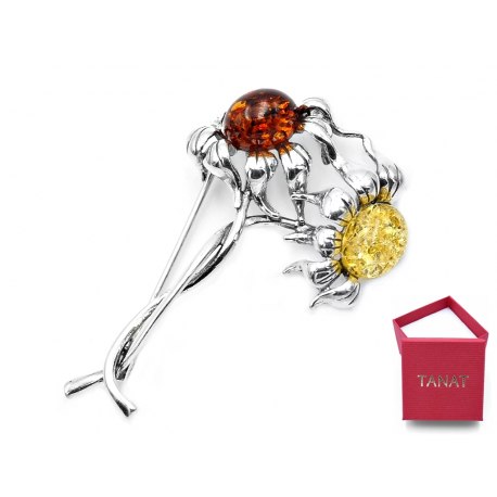 Srebrna 925 broszka słoneczniki bursztyn 24 +pudełko