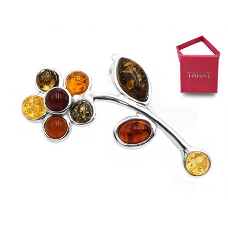 Srebrna broszka kwiatek mix bursztyn 53