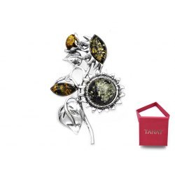 Srebrny wisiorek bukier kwiatów słoneczniki bursztyn