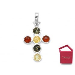 Srebrny wisiorek krzyż mix bursztyn