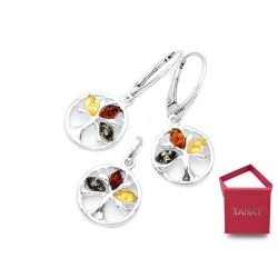 Srebrny 925 komplet drzewo życia bursztyn