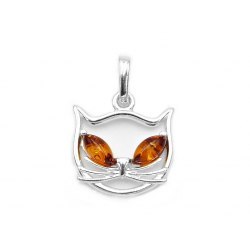 Srebrny wisiorek głowa kotka kotek bursztyn