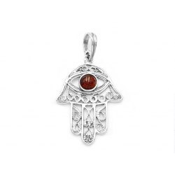 Srebrny wisiorek Ręka Fatimy bursztyn
