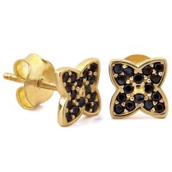 Kolczyki złote 585 kwiaty kwiatuszki czarne cyrkonie