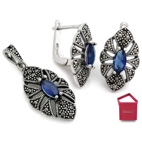 Srebrny komplet vintage liście markazyty