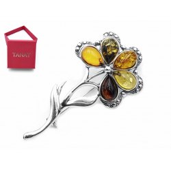 Broszka srebrna 925 kwiat mix bursztyn 18 pudełko