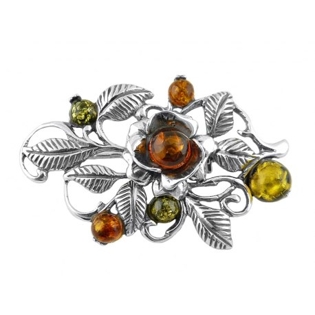 Broszka srebrna kwiaty kolorowe bursztyny pudełko