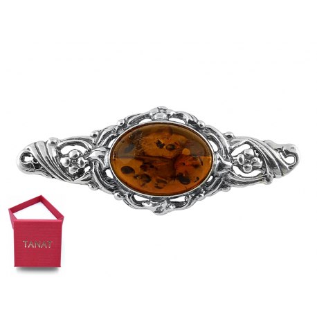 Broszka srebrna vintage brązowy bursztyn 70