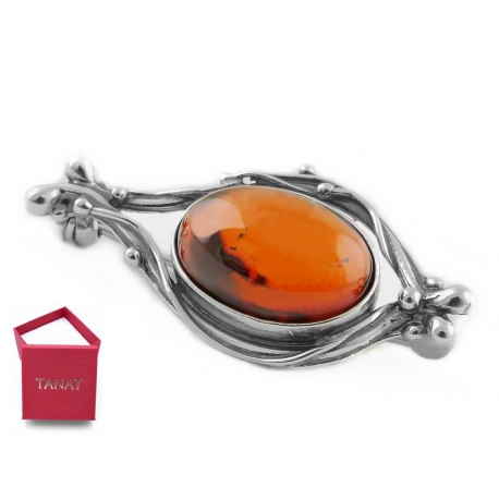 Broszka srebrna vintage brązowy bursztyn 70