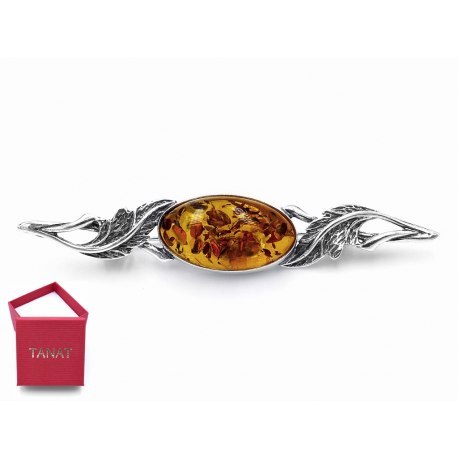 Srebrna 925 broszka liście bursztyn