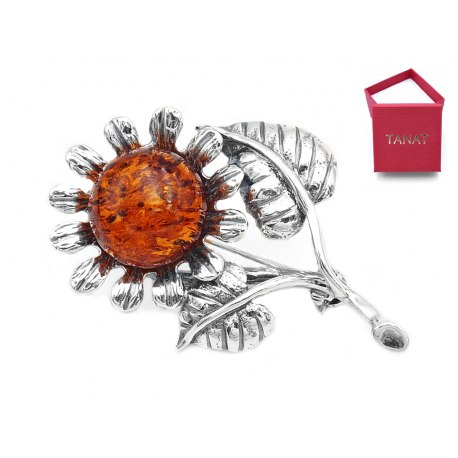 Broszka srebrna słonecznik brązowy bursztyn 73
