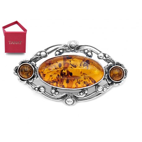 Broszka srebrna ażur vintage bursztyn 74