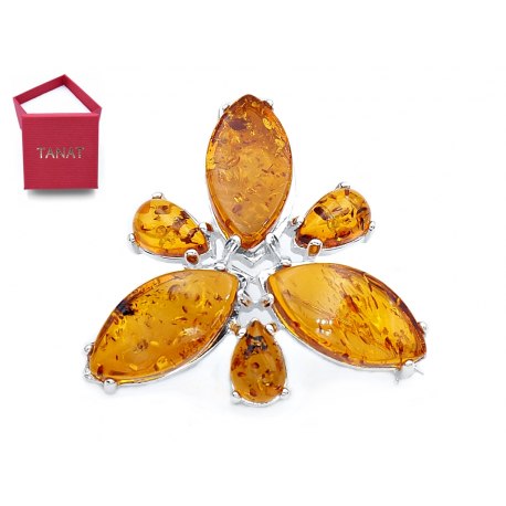 Broszka srebrna kwiat lotos bursztyn 77