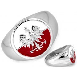 Sygnet srebrny z biało czerwoną flagą Polska Orzeł r. 21