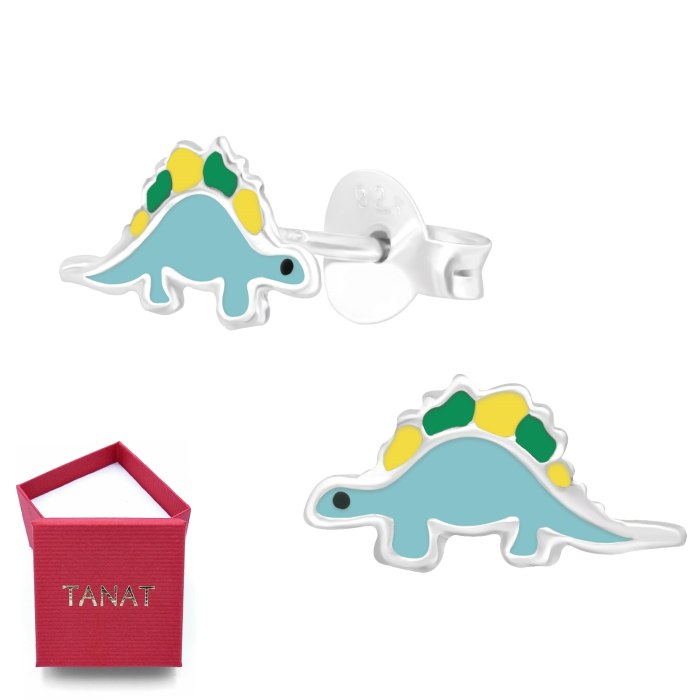 Srebrne emaliowane kolczyki dinozaur