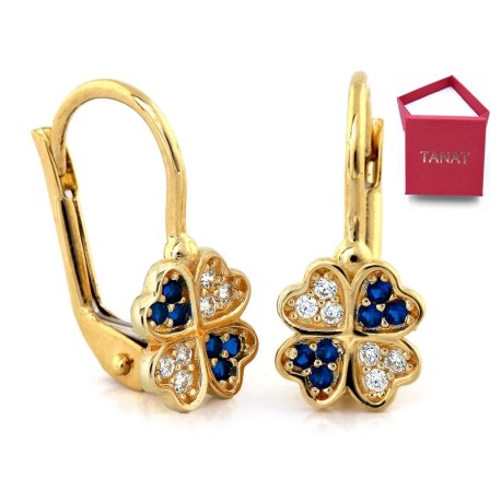 Złote 585 kolczyki szafirowa koniczyna koniczynki