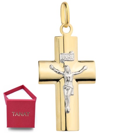 Złoty 585 duży krzyż Jezus Chrystus Chrzest Komunia