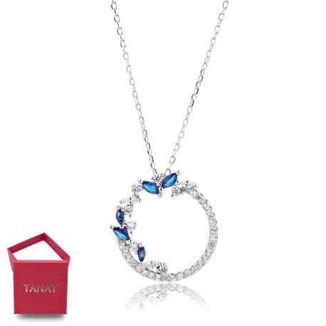 Naszyjnik srebrny obręcz koło szafirowe cyrkonie
