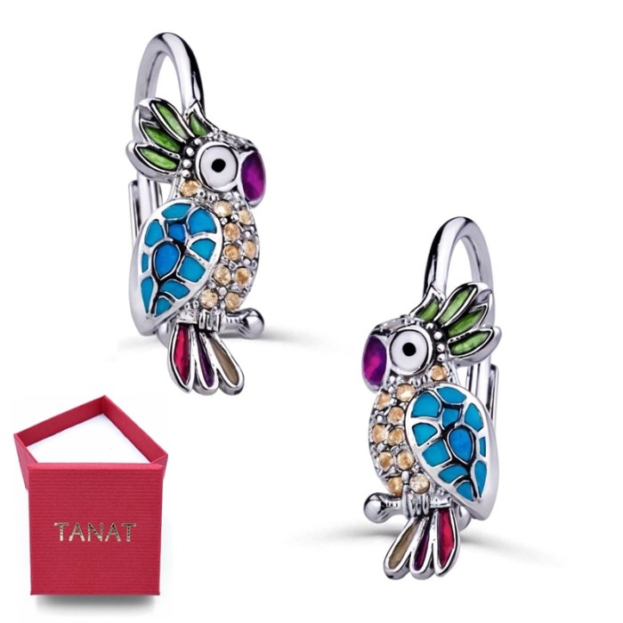 Kolczyki srebrne dla dziewczynki srebro 925 papuga papużki cyrkonia