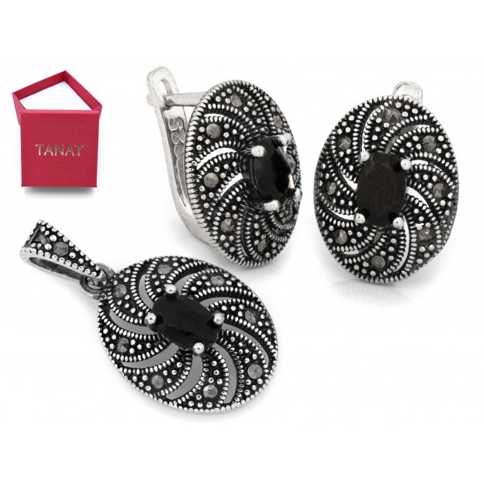 Srebrny komplet vintage retro czarny cyrkonie i markazyty