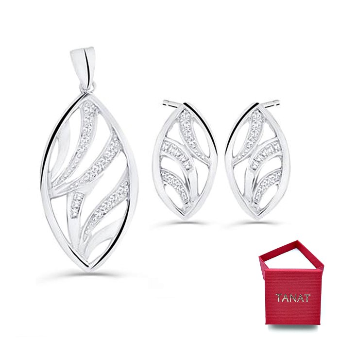 Srebrny komplet biżuterii podłużne ażurowe z cyrkoniami