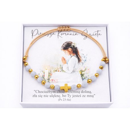 Bransoletka różaniec Kamień Słoneczny rękodzieło, prezent Komunia Św.