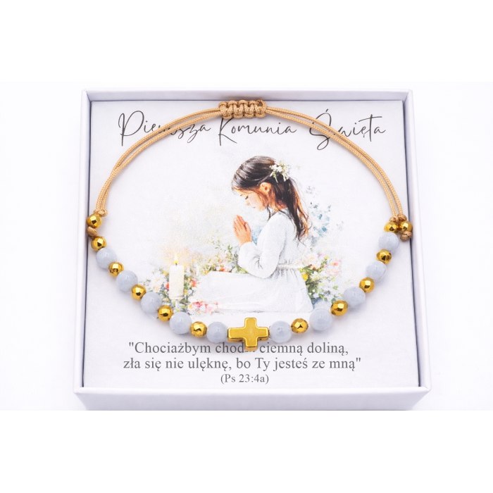 Bransoletka różaniec niebieski jadeit rękodzieło, prezent Komunia Św.