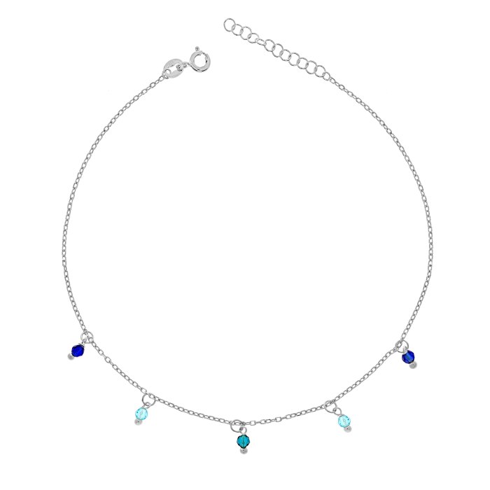 Bransoletka srebrna 925 na nogę kostkę koraliki błękitne