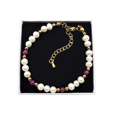 Bransoletka naturalne perły rubiny i hematyt rękodzieło