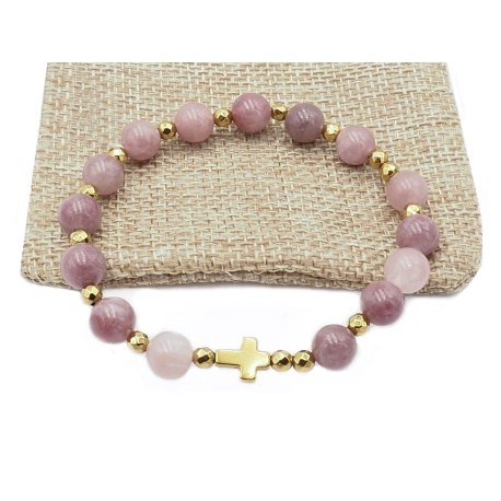 Bransoletka różaniec dziesiątka na rękę perłowy kwarc różowy rękodzieło