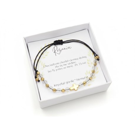 Bransoletka różaniec Kryształ górski hematyt ręcznie robiona, prezent na Komunię, Bierzmowanie